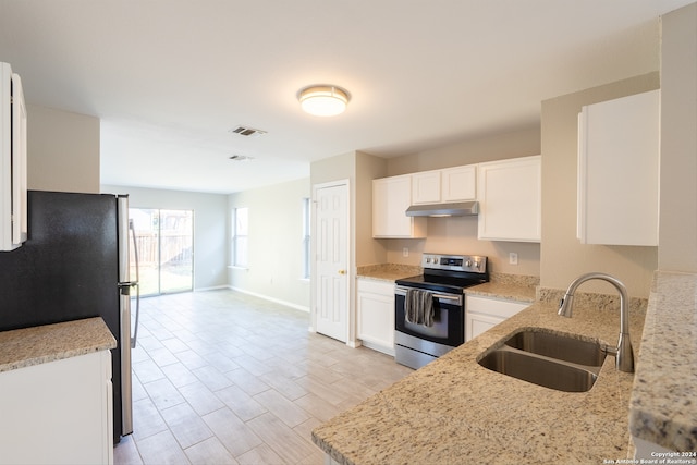 kitchen with white cabinetry, light stone countertops, sink, and appliances with stainless steel finishes