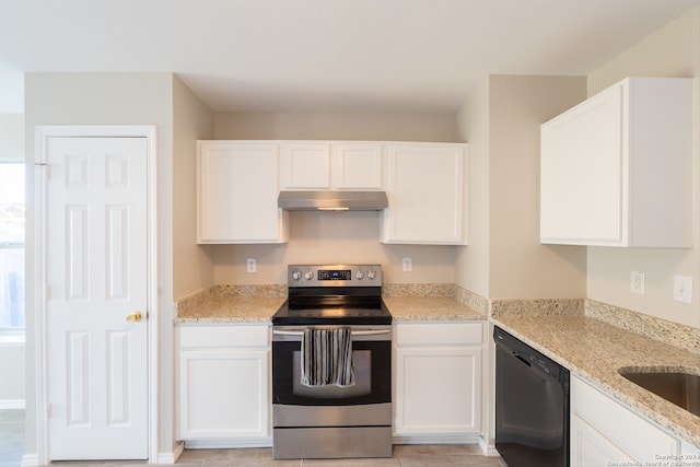 kitchen with white cabinets, light stone counters, dishwasher, and stainless steel range with electric cooktop