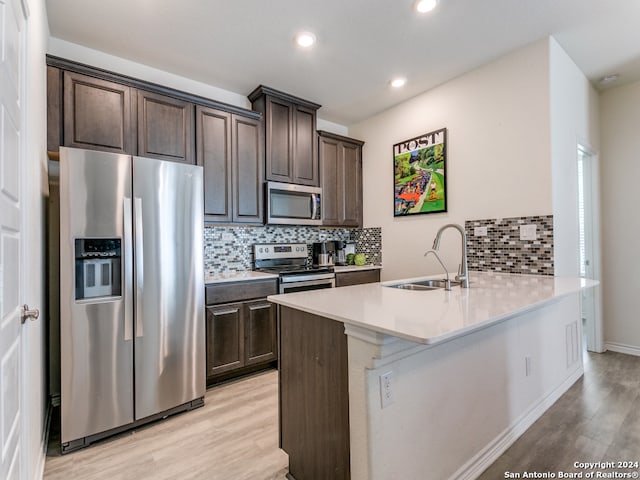 kitchen featuring decorative backsplash, sink, light hardwood / wood-style flooring, and appliances with stainless steel finishes