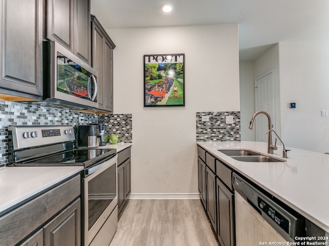 kitchen with sink, light hardwood / wood-style flooring, decorative backsplash, dark brown cabinets, and stainless steel appliances