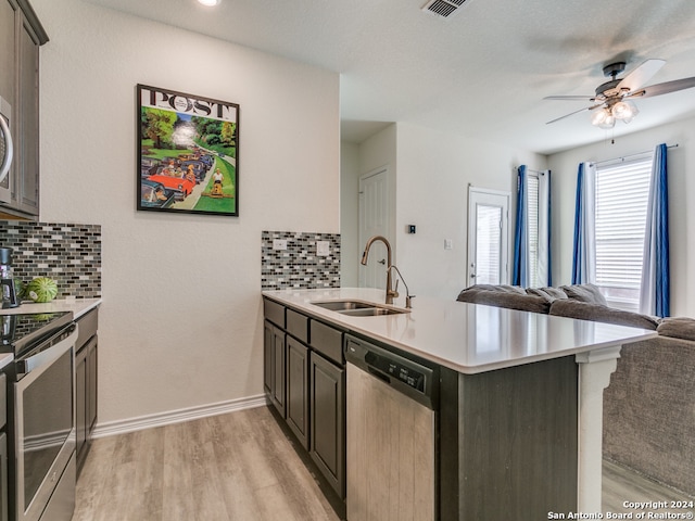 kitchen with backsplash, kitchen peninsula, sink, and appliances with stainless steel finishes