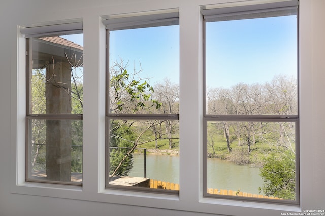 interior space with a water view