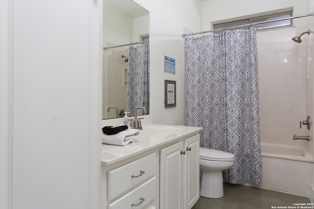 full bathroom featuring vanity, shower / bath combination with curtain, and toilet