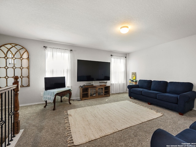 living room featuring carpet flooring, a textured ceiling, and plenty of natural light