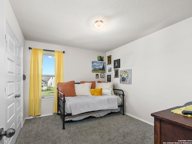 carpeted bedroom with a textured ceiling