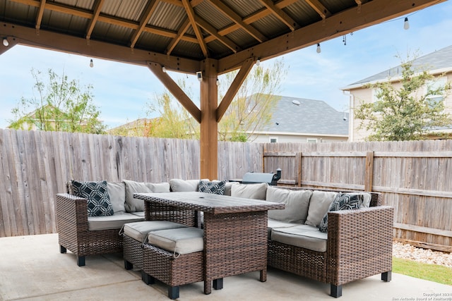 view of patio with a gazebo and an outdoor hangout area