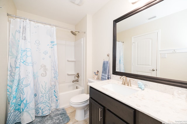 full bathroom with toilet, tile patterned flooring, vanity, and shower / tub combo with curtain