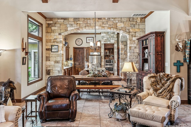 living room with crown molding