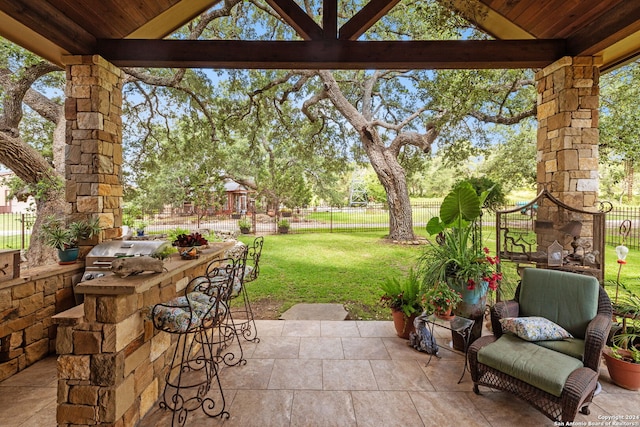 view of patio / terrace featuring a grill, exterior bar, and exterior kitchen