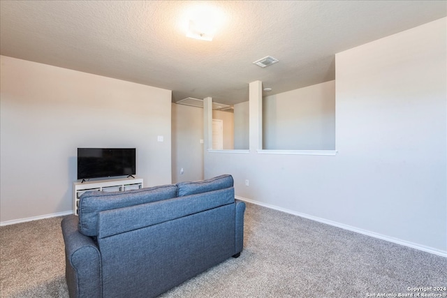 living room featuring carpet flooring and a textured ceiling