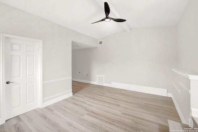 empty room featuring lofted ceiling with beams, light hardwood / wood-style floors, and ceiling fan