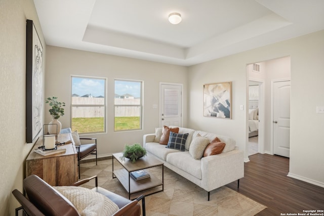 living room featuring dark hardwood / wood-style flooring and a tray ceiling