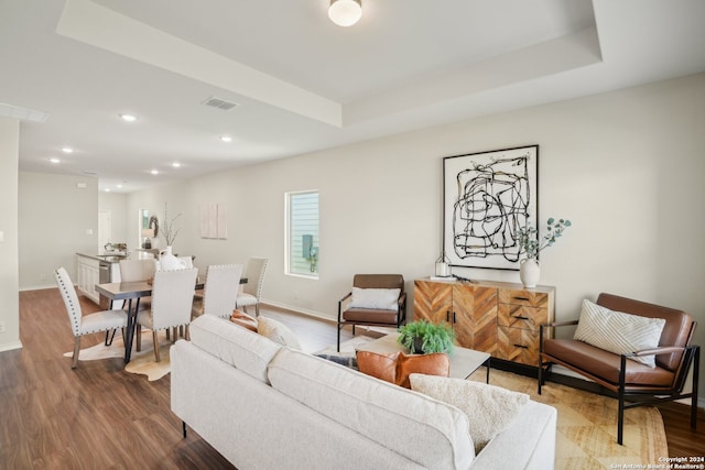 living room featuring a tray ceiling and wood-type flooring