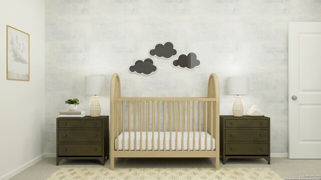 bedroom featuring light colored carpet and a nursery area