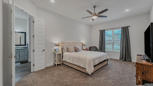222 Sigel Ave, New Braunfels, TX 78132 - carpeted bedroom with baseboards, recessed lighting, and ceiling fan