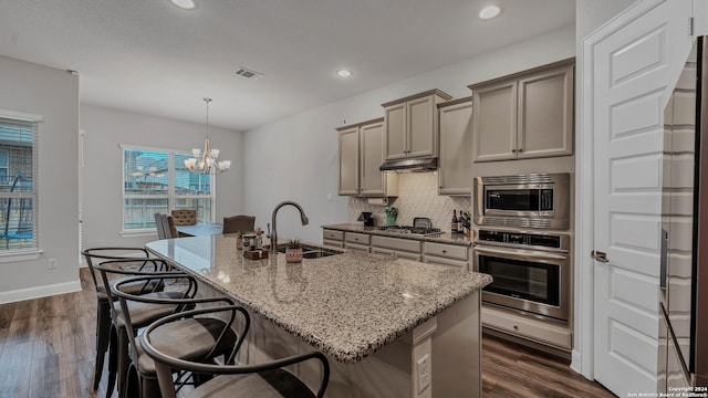 222 Sigel Ave, New Braunfels, TX 78132 - kitchen with stainless steel appliances, recessed lighting, light stone counters, a breakfast bar, and a sink