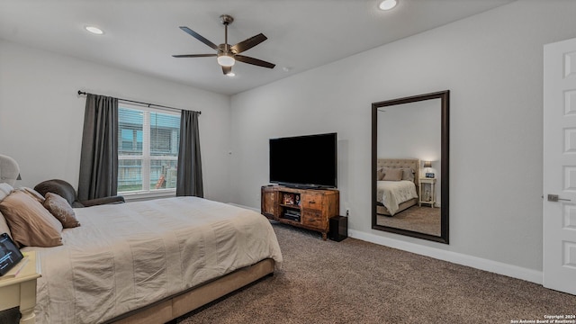 222 Sigel Ave, New Braunfels, TX 78132 - bedroom featuring carpet, baseboards, recessed lighting, and ceiling fan