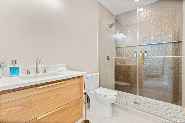 bathroom with tile patterned flooring, vanity, an enclosed shower, and toilet