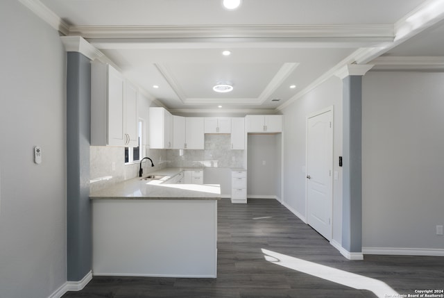 kitchen featuring sink, dark hardwood / wood-style flooring, white cabinets, and ornamental molding