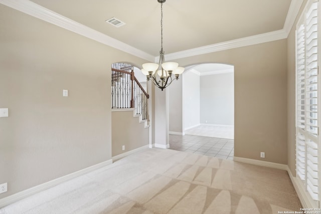 unfurnished dining area with crown molding, light colored carpet, and an inviting chandelier