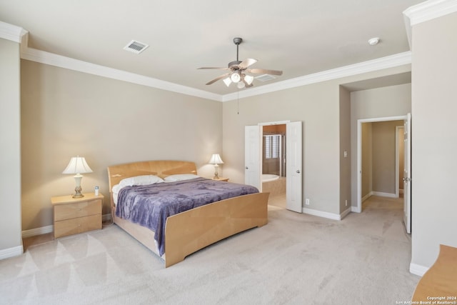 bedroom with ensuite bath, ceiling fan, crown molding, and carpet