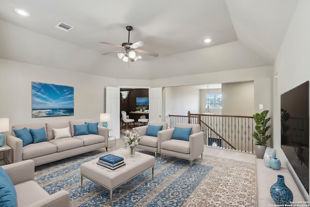 living room featuring ceiling fan