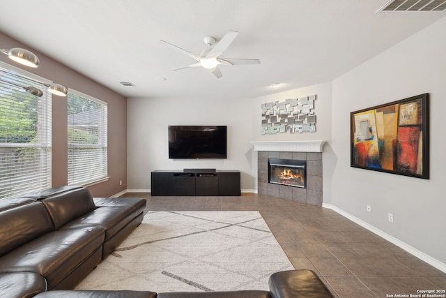 822 Emerald Bay, San Antonio, TX 78260 - tiled living area featuring a ceiling fan and a tile fireplace