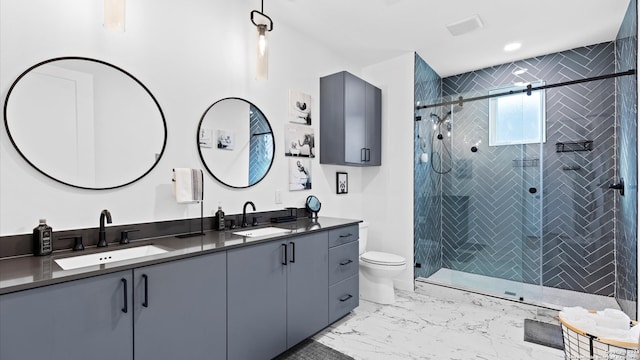 bathroom featuring vanity, a shower with shower door, and toilet