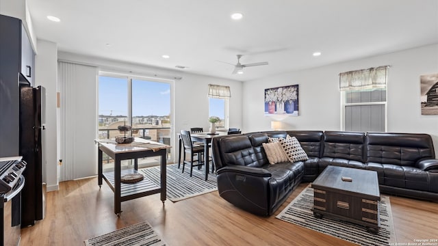 living room with ceiling fan and light wood-type flooring