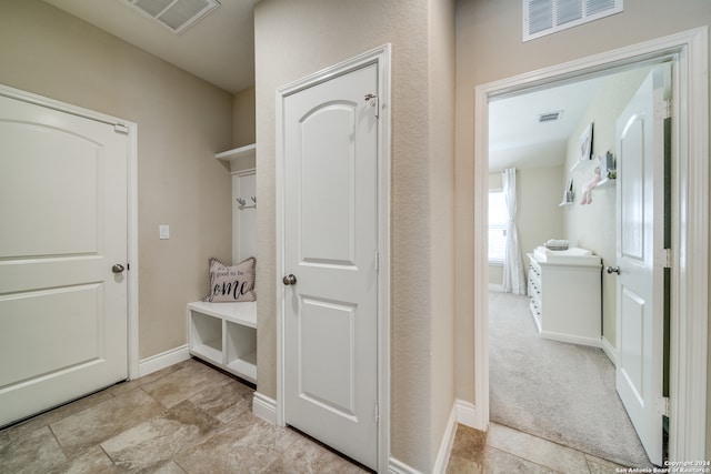 mudroom featuring light carpet