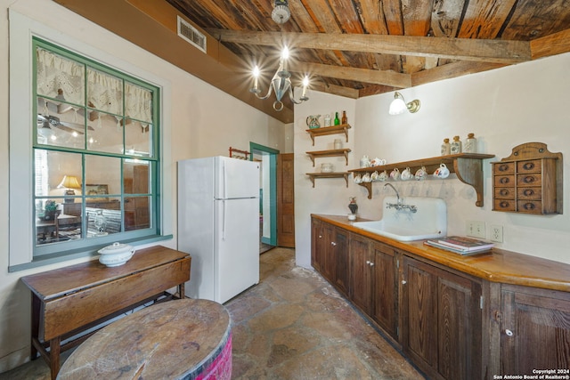 kitchen featuring dark brown cabinetry, sink, wood ceiling, and white refrigerator