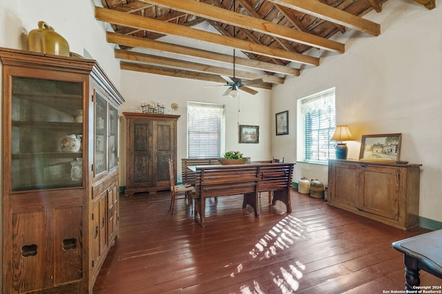 miscellaneous room with beam ceiling, ceiling fan, high vaulted ceiling, and dark wood-type flooring