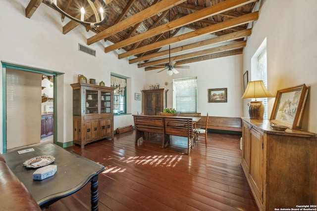 office area with beam ceiling, plenty of natural light, high vaulted ceiling, and dark wood-type flooring