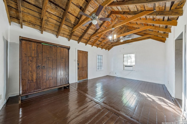 interior space featuring wood ceiling, cooling unit, dark wood-type flooring, beam ceiling, and high vaulted ceiling