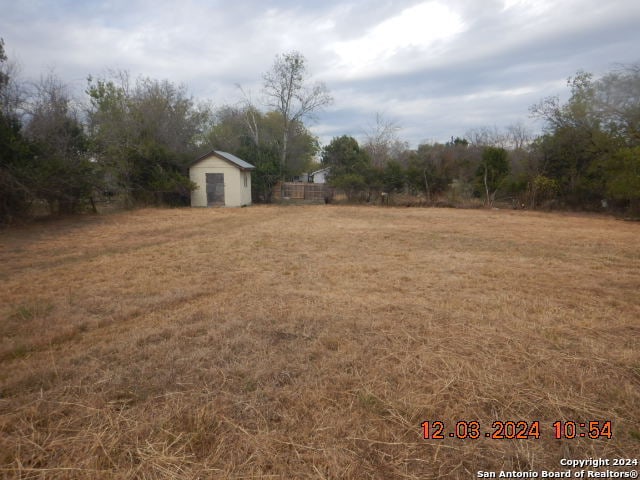 view of yard featuring a storage shed