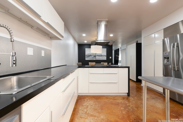 kitchen featuring white cabinets, stainless steel refrigerator with ice dispenser, island range hood, and kitchen peninsula