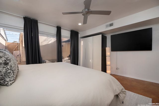 bedroom featuring carpet floors, a closet, and ceiling fan