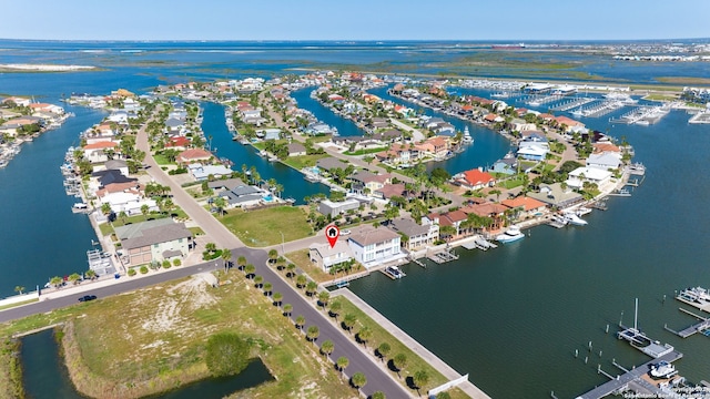 drone / aerial view with a water view