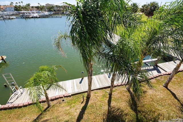 view of water feature with a dock