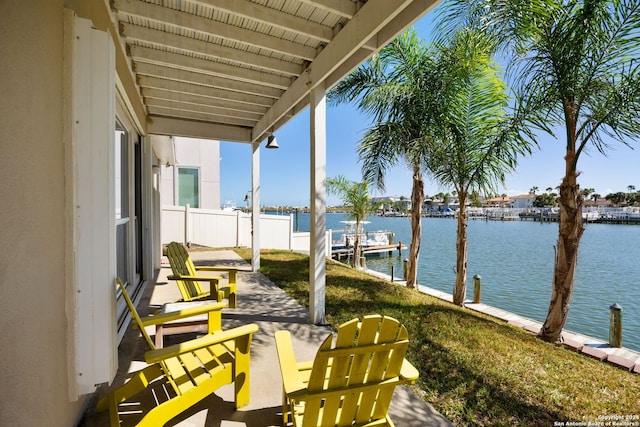 dock area with a water view