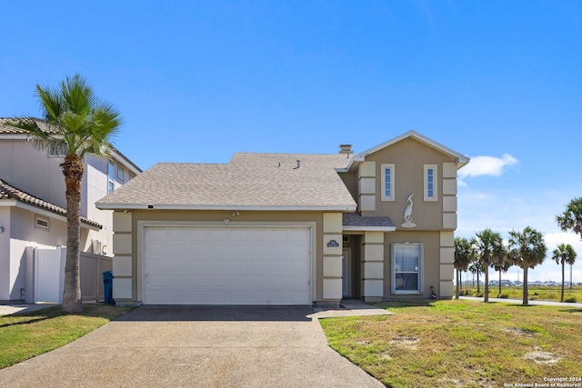 front facade featuring a front yard and a garage