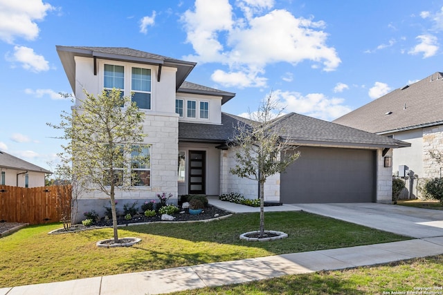 1521 Escarpment, New Braunfels, TX 78132 - view of front of house with an attached garage, concrete driveway, roof with shingles, and stone siding