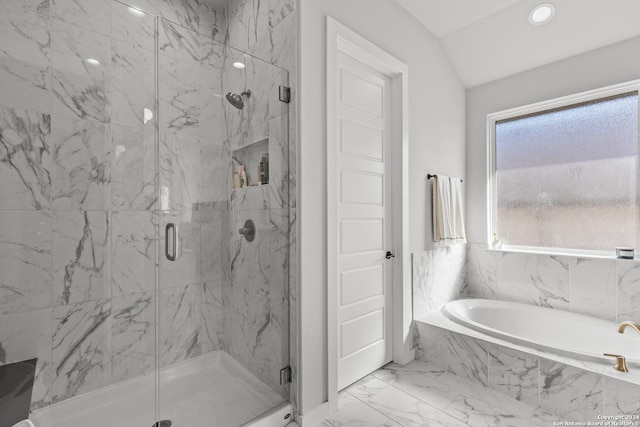 1521 Escarpment, New Braunfels, TX 78132 - bathroom featuring marble look tiles, a garden tub, a marble finish shower, vaulted ceiling, and recessed lighting