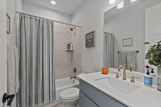 1521 Escarpment, New Braunfels, TX 78132 - bathroom featuring vanity, toilet, and shower / bathtub combination with curtain