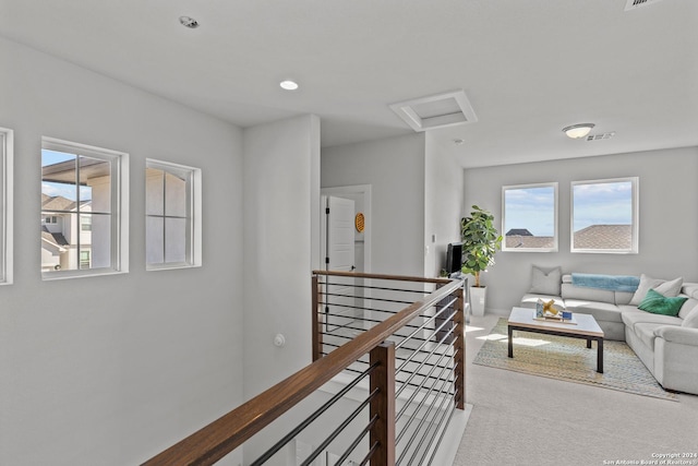 1521 Escarpment, New Braunfels, TX 78132 - hallway with an upstairs landing, attic access, and carpet