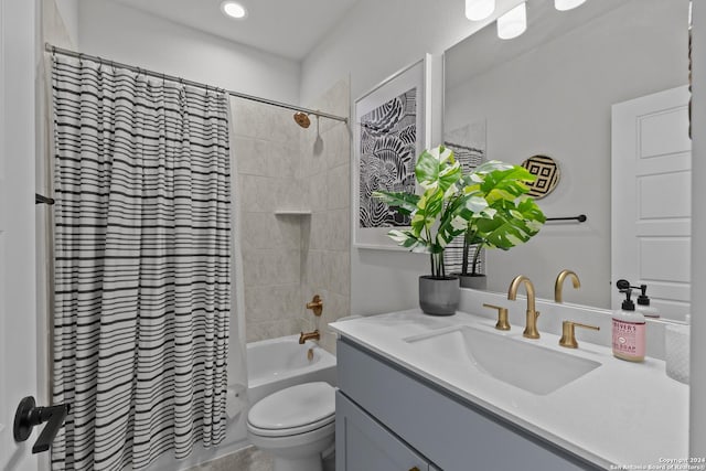 1521 Escarpment, New Braunfels, TX 78132 - full bathroom with vanity, shower / bathtub combination with curtain, toilet, and recessed lighting