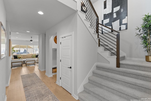 1521 Escarpment, New Braunfels, TX 78132 - stairs with a ceiling fan, recessed lighting, hardwood / wood-style flooring, and baseboards