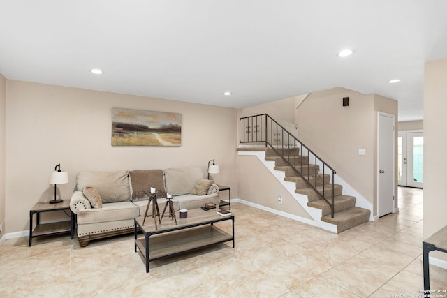 tiled living room with french doors