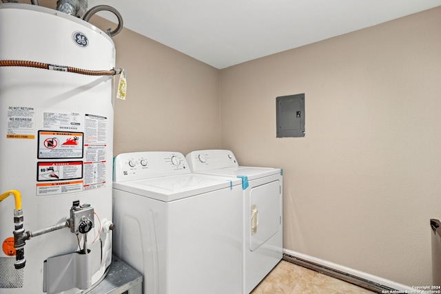 laundry room with electric panel, water heater, and independent washer and dryer