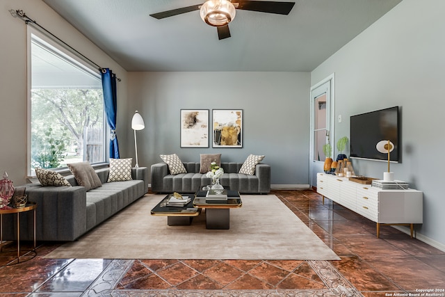 living room with ceiling fan